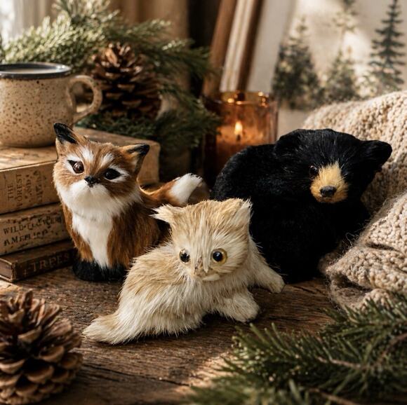 unbranded Other - Vintage Woodland Animal Figurines Set Fox Bear Kitten Cottagecore Cabin Decor